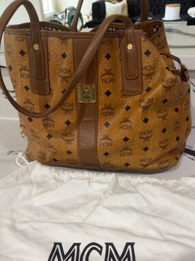 MCM Cognac Logo-Print Leather Tote with Gold Plaque